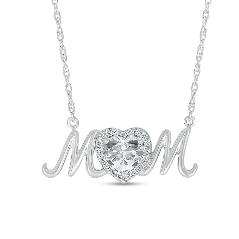 Main Image 1 of 6.0mm Heart-Shaped White Lab-Created Sapphire "MOM" Necklace in Sterling Silver
