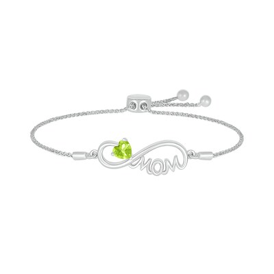 5.0mm Heart-Shaped Peridot "MOM" Infinity Bolo Bracelet in Sterling Silver - 9"