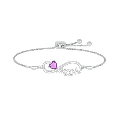 5.0mm Heart-Shaped Amethyst "MOM" Infinity Bolo Bracelet in Sterling Silver - 9"