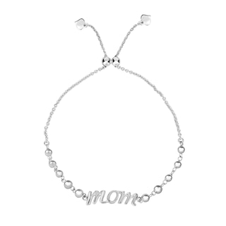Script "mom" Bead Station Bolo Bracelet in Hollow Sterling Silver - 9.25"