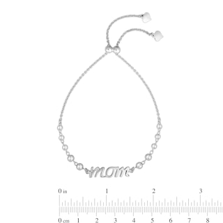 Script "mom" Bead Station Bolo Bracelet in Hollow Sterling Silver - 9.25"
