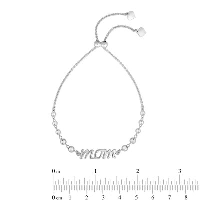 Script "mom" Bead Station Bolo Bracelet in Hollow Sterling Silver - 9.25"
