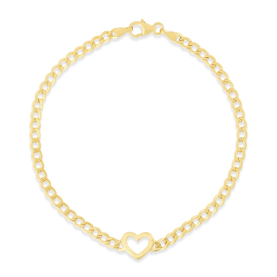3.4mm Curb Chain with Heart Bracelet in Hollow 14K Gold