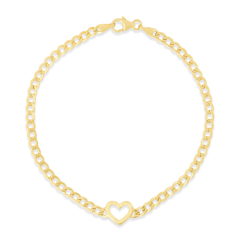 Main Image 1 of 3.4mm Curb Chain with Heart Bracelet in Hollow 14K Gold
