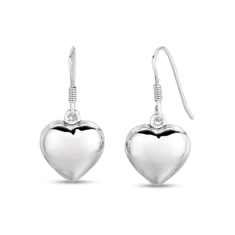 Main Image 1 of Polished Puff Heart Drop Earrings in Sterling Silver