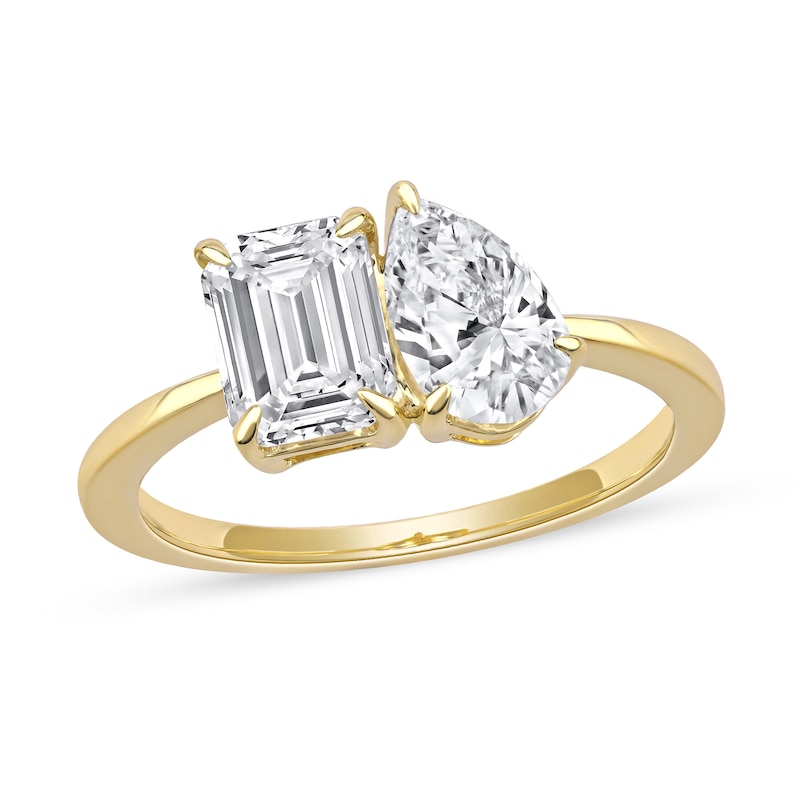 Main Image 1 of 1.75 CT. T.W. Emerald-Cut and Pear-Shaped Certified Lab-Grown Diamond Toi et Moi Engagement Ring in 14K Gold (F/VS2)
