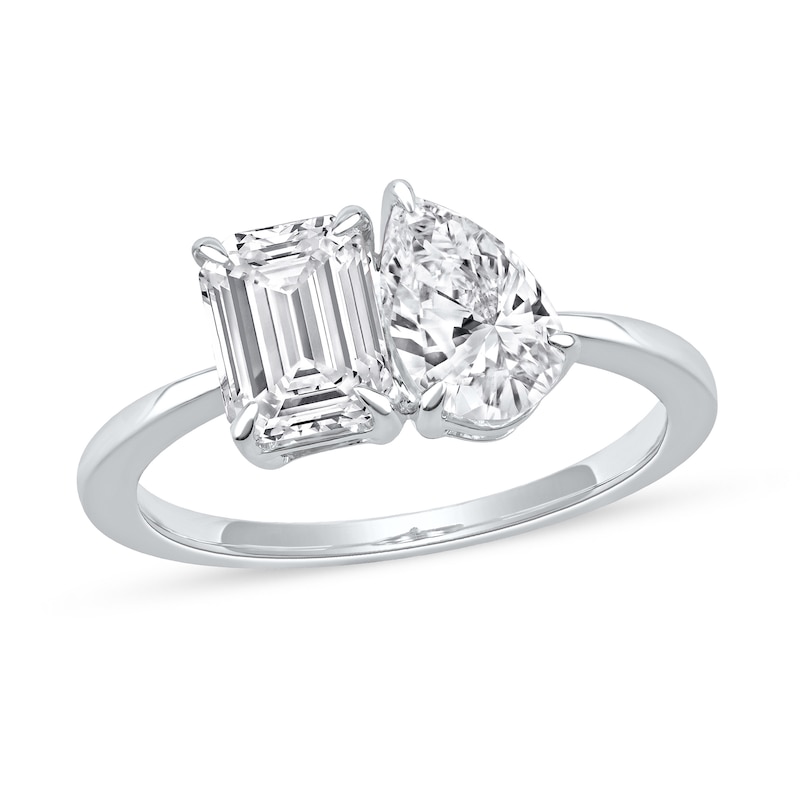 Main Image 1 of 1.75 CT. T.W. Emerald-Cut and Pear-Shaped Certified Lab-Grown Diamond Toi et Moi Engagement Ring in 14K White Gold