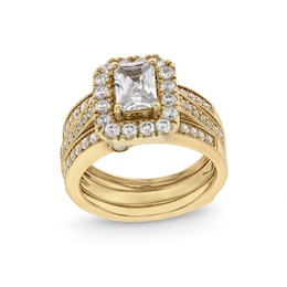 2.00 CT. T.W. Emerald-Cut Certified Lab-Grown Diamond Frame Vintage-Style Bridal Set in 14K Gold (F/VS2)