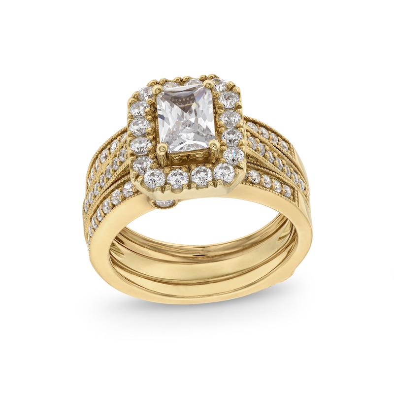 2.00 CT. T.W. Emerald-Cut Certified Lab-Grown Diamond Frame Vintage-Style Bridal Set in 14K Gold (F/VS2)