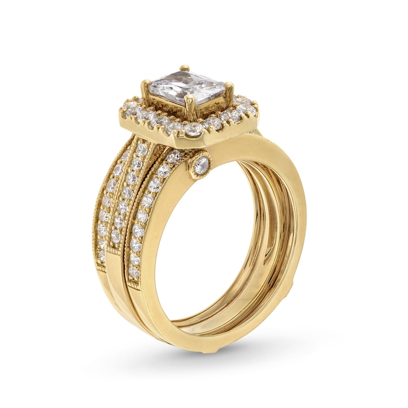 Main Image 3 of 2.00 CT. T.W. Emerald-Cut Certified Lab-Grown Diamond Frame Vintage-Style Bridal Set in 14K Gold (F/VS2)