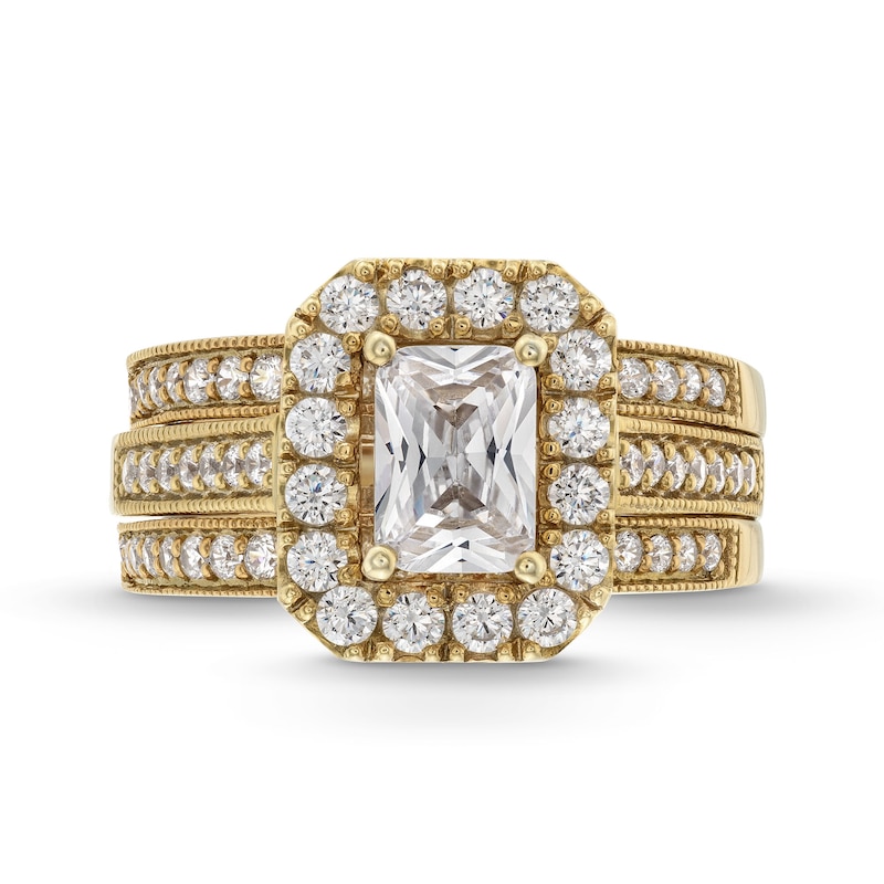 Main Image 4 of 2.00 CT. T.W. Emerald-Cut Certified Lab-Grown Diamond Frame Vintage-Style Bridal Set in 14K Gold (F/VS2)
