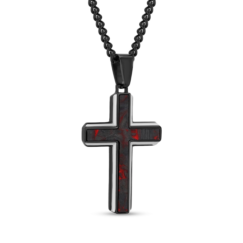 Main Image 2 of Black and Red Carbon Fibre Cross Pendant in Stainless Steel with Black Ion Plate - 24”