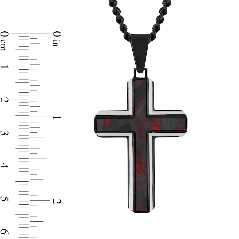 Main Image 4 of Black and Red Carbon Fibre Cross Pendant in Stainless Steel with Black Ion Plate - 24”