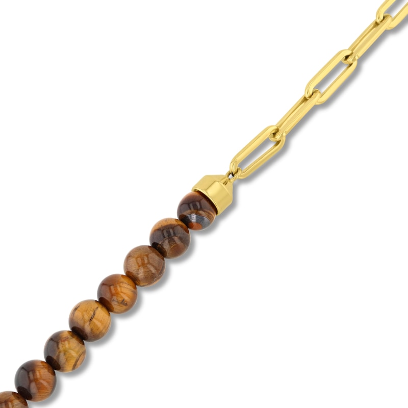 Main Image 2 of Tiger’s Eye Bead and Paper Clip Chain Half-and-Half Bracelet in Stainless Steel with Yellow Ion Plate - 8.75”
