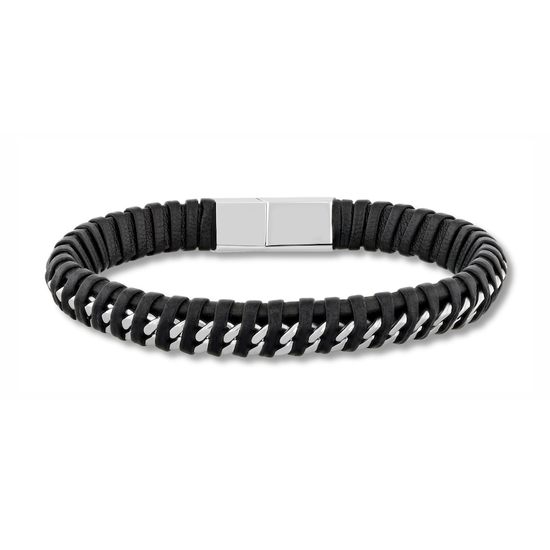 Main Image 1 of Black Leather Woven Curb Link Bracelet in Solid Stainless Steel - 8.5”