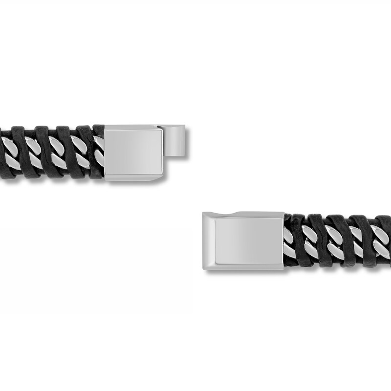 Main Image 3 of Black Leather Woven Curb Link Bracelet in Solid Stainless Steel - 8.5”