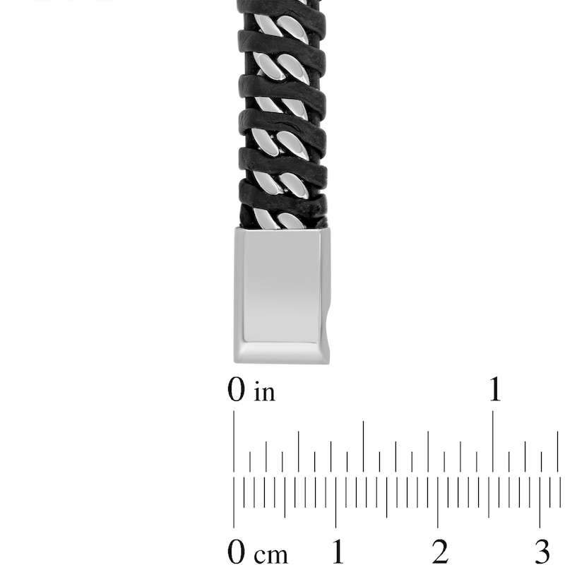Main Image 4 of Black Leather Woven Curb Link Bracelet in Solid Stainless Steel - 8.5”