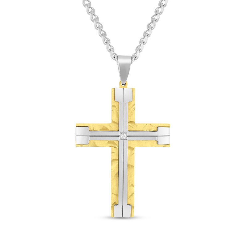 Main Image 1 of Diamond Accent Cross in Stainless Steel and Yellow Ion Plate - 24”