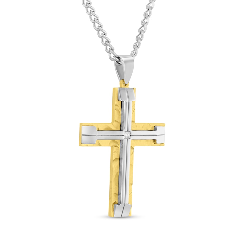Main Image 2 of Diamond Accent Cross in Stainless Steel and Yellow Ion Plate - 24”