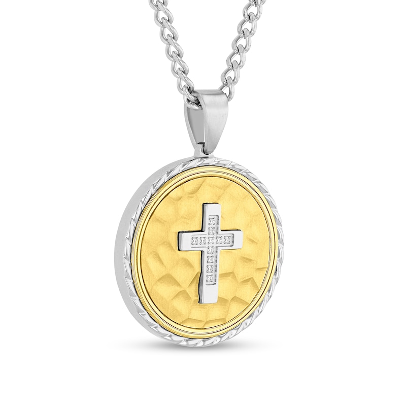 Main Image 2 of 0.05 CT. T.W. Diamond Oval Frame Cross Pendant in Stainless Steel and Yellow Ion Plate - 24”
