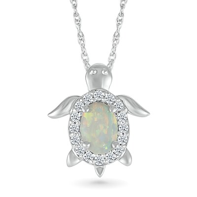 Oval Lab-Created Opal and White Lab-Created Sapphire Turtle Pendant in Sterling Silver