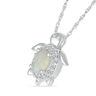 Oval Lab-Created Opal and White Lab-Created Sapphire Turtle Pendant in Sterling Silver