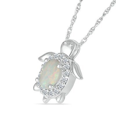 Oval Lab-Created Opal and White Lab-Created Sapphire Turtle Pendant in Sterling Silver