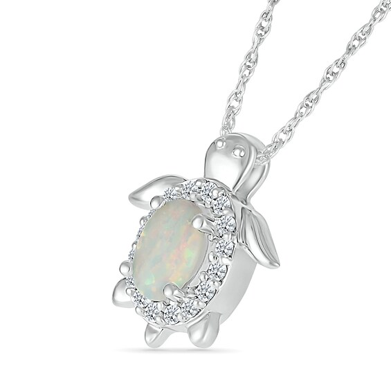 Oval Lab-Created Opal and White Lab-Created Sapphire Turtle Pendant in Sterling Silver