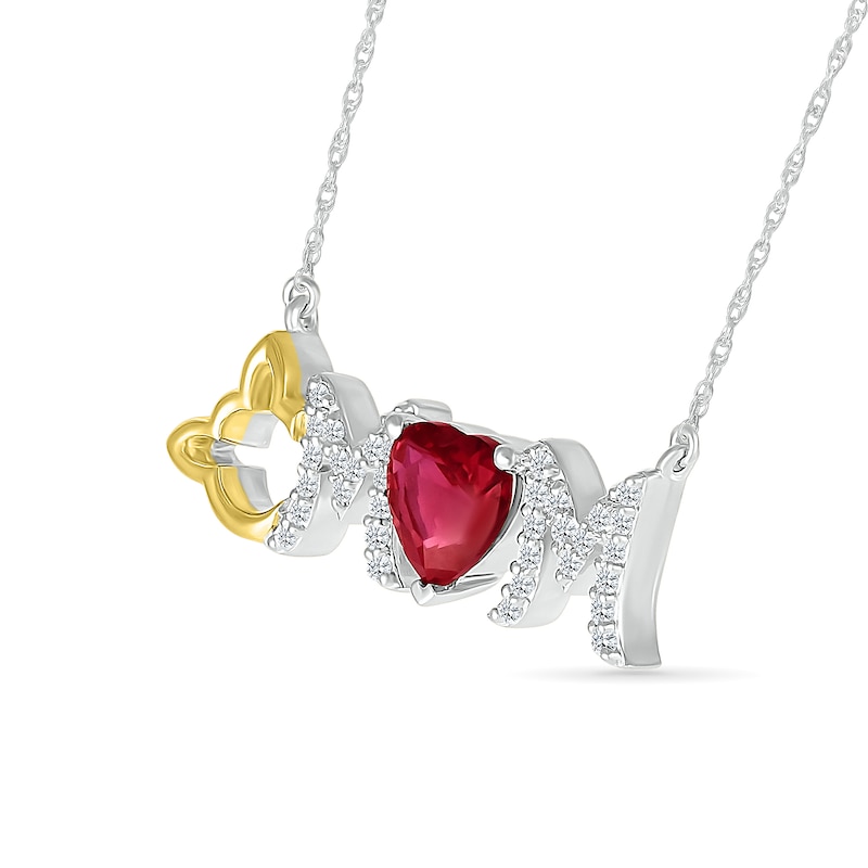 Main Image 2 of 6.0mm Heart-Shaped Lab-Created Ruby and White Lab-Created Sapphire Cat "MOM" Necklace in Sterling Silver and 10K Gold