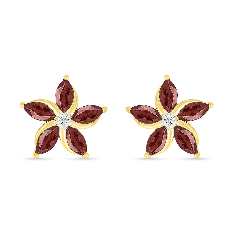 Main Image 2 of Marquise Garnet and White Lab-Created Sapphire Swirl Flower Stud Earrings in 10K Gold