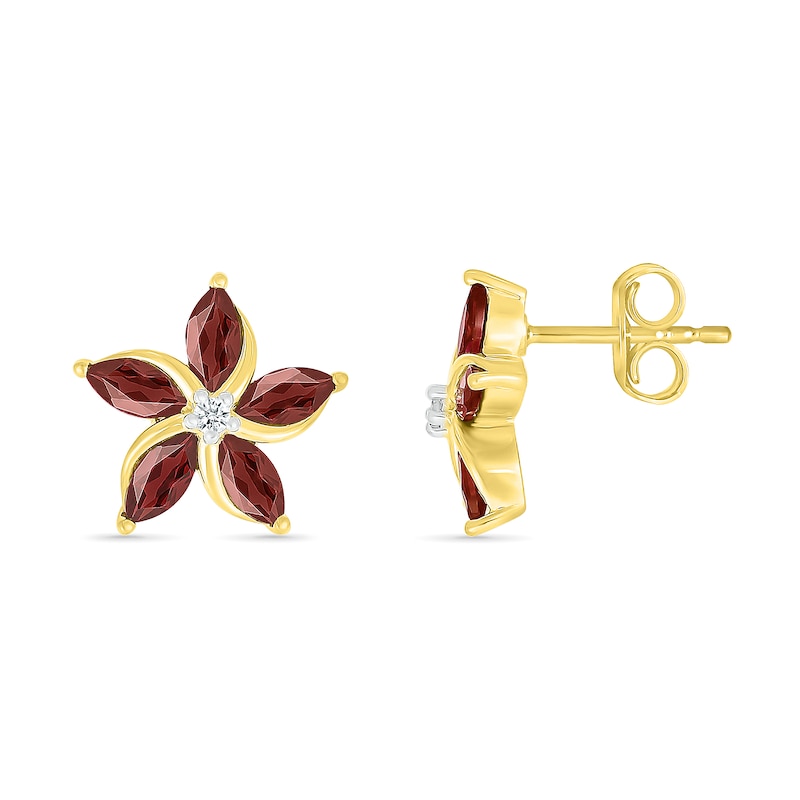 Main Image 3 of Marquise Garnet and White Lab-Created Sapphire Swirl Flower Stud Earrings in 10K Gold