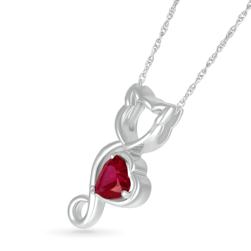Main Image 2 of 5.0mm Heart-Shaped Lab-Created Ruby Cat Outline Pendant in Sterling Silver