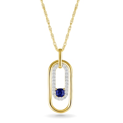 4.0mm Cushion-Cut Blue and White Lab-Created Sapphire Double Paper Clip Pendant in 10K Gold