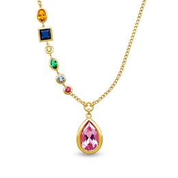 Pear-Shaped Bezel-Set Birthstone with Multi-Shaped Offset Station Necklace (2-7 Stones) - 17"