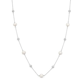 Vera Wang Love Collection Freshwater Cultured Pearl and White Topaz Alternating Station Necklace in Sterling Silver