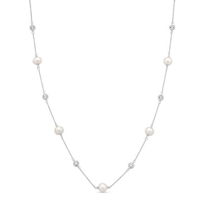Vera Wang Love Collection Freshwater Cultured Pearl and White Topaz Alternating Station Necklace in Sterling Silver