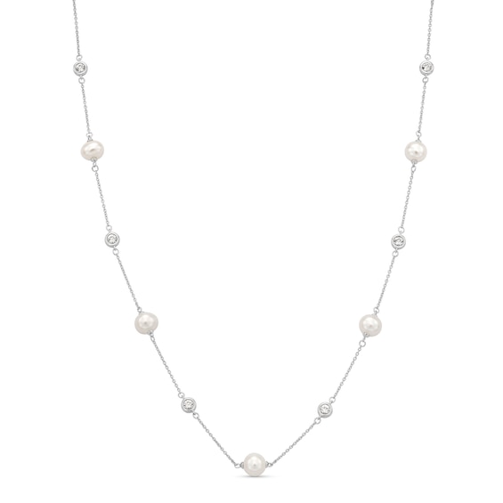 Vera Wang Love Collection Freshwater Cultured Pearl and White Topaz Alternating Station Necklace in Sterling Silver