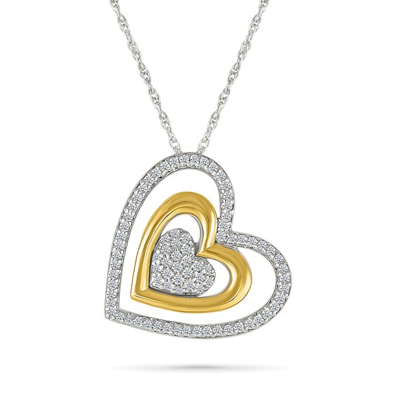 0.23 CT. T.W. Diamond Tilted Triple Heart Pendant in Sterling Silver and 10K Gold
