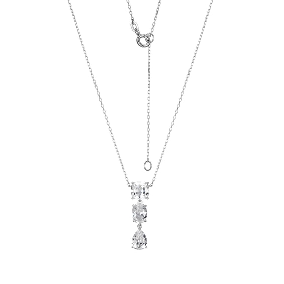 Oval, Pear and Cushion-Cut White Lab-Created Sapphire Three Stone Necklace in Sterling Silver