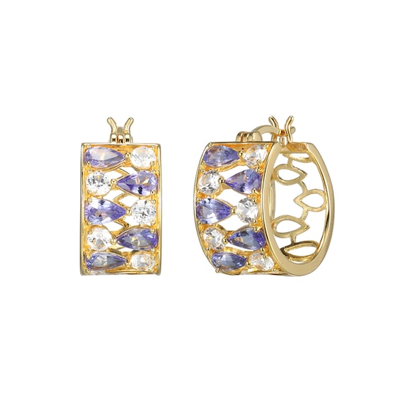 Pear-Shaped Tanzanite and White Lab-Created Sapphire Alternating Hoop Earrings in Sterling Silver with 18K Gold Plate