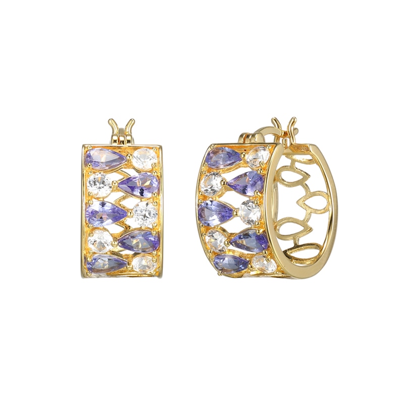 Pear-Shaped Tanzanite and White Lab-Created Sapphire Alternating Hoop Earrings in Sterling Silver with 18K Gold Plate
