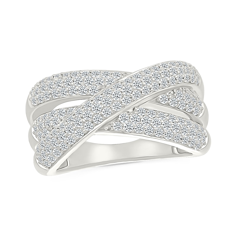 0.95 CT. T.W. Diamond Triple Row Crossover Split Shank Ring in 10K White Gold