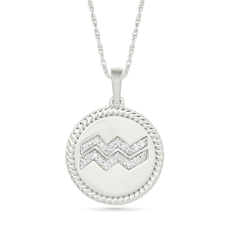 Main Image 1 of 0.085 CT. T.W. Diamond Aquarius Zodiac Sign Rope-Textured Frame Disc Pendant in Sterling Silver