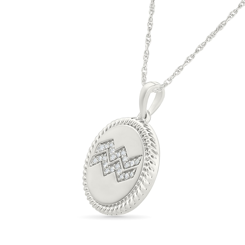 Main Image 2 of 0.085 CT. T.W. Diamond Aquarius Zodiac Sign Rope-Textured Frame Disc Pendant in Sterling Silver