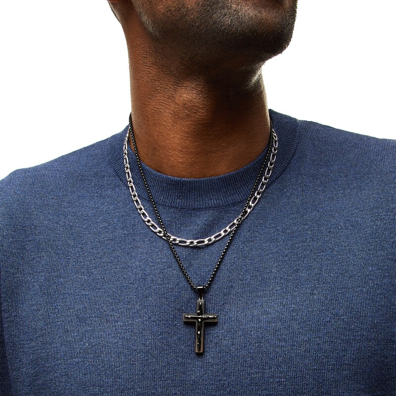 Main Image 2 of Double Strand Cross Necklace and Link Chain Bracelet Set in Stainless Steel and Black Ion Plate - 22"
