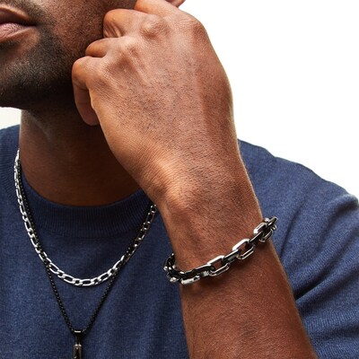 Double Strand Cross Necklace and Link Chain Bracelet Set in Stainless Steel and Black Ion Plate - 22"