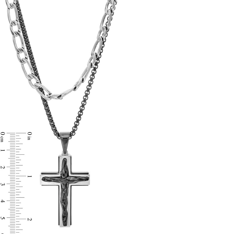 Main Image 4 of Double Strand Cross Necklace and Link Chain Bracelet Set in Stainless Steel and Black Ion Plate - 22"