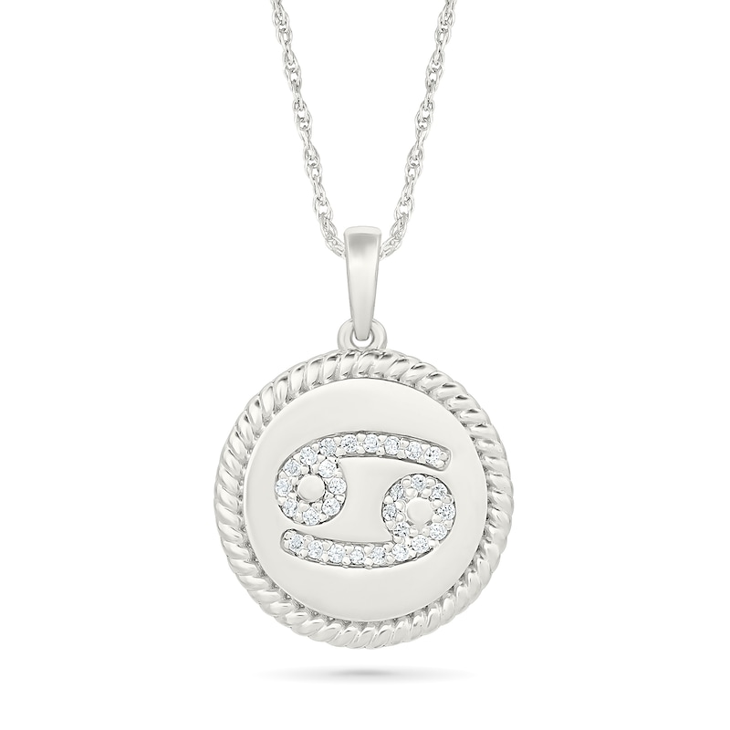 0.085 CT. T.W. Diamond Cancer Zodiac Sign Rope-Textured Frame Disc Pendant in Sterling Silver