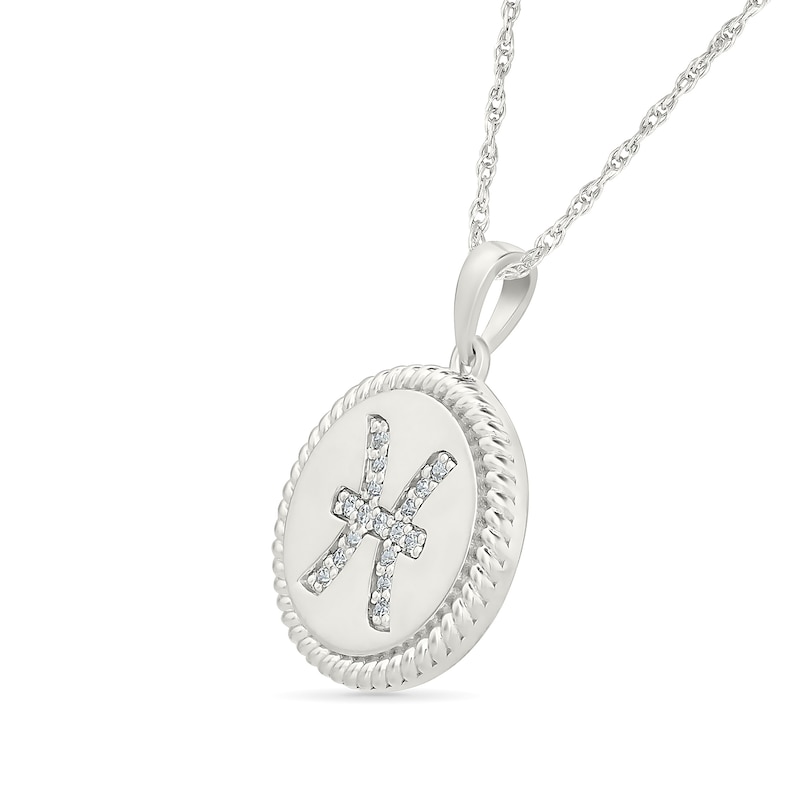 Main Image 2 of 0.085 CT. T.W. Diamond Pisces Zodiac Sign Rope-Textured Frame Disc Pendant in Sterling Silver