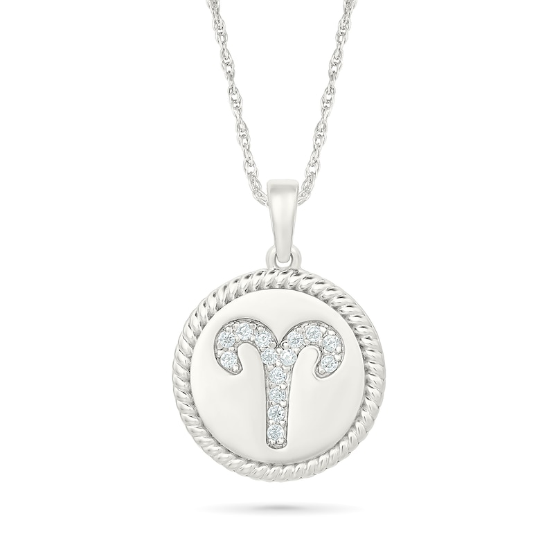 Main Image 1 of 0.085 CT. T.W. Diamond Aries Zodiac Sign Rope-Textured Frame Disc Pendant in Sterling Silver